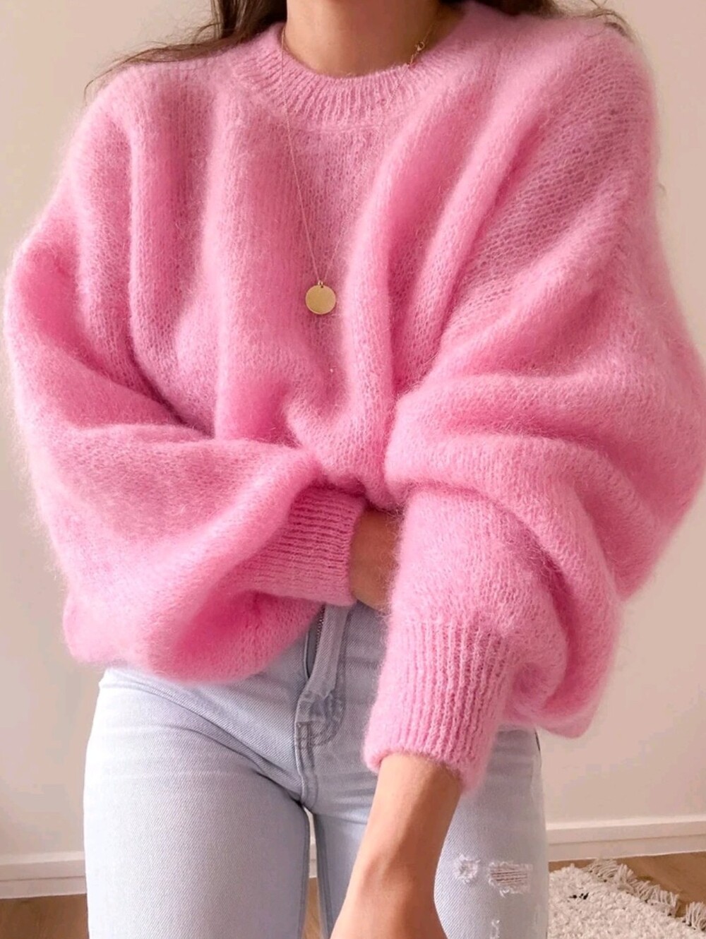 Women's Autumn Bright Pink Fluffy Mohair Sweater, Bright Pink Mohair Wool Knitte